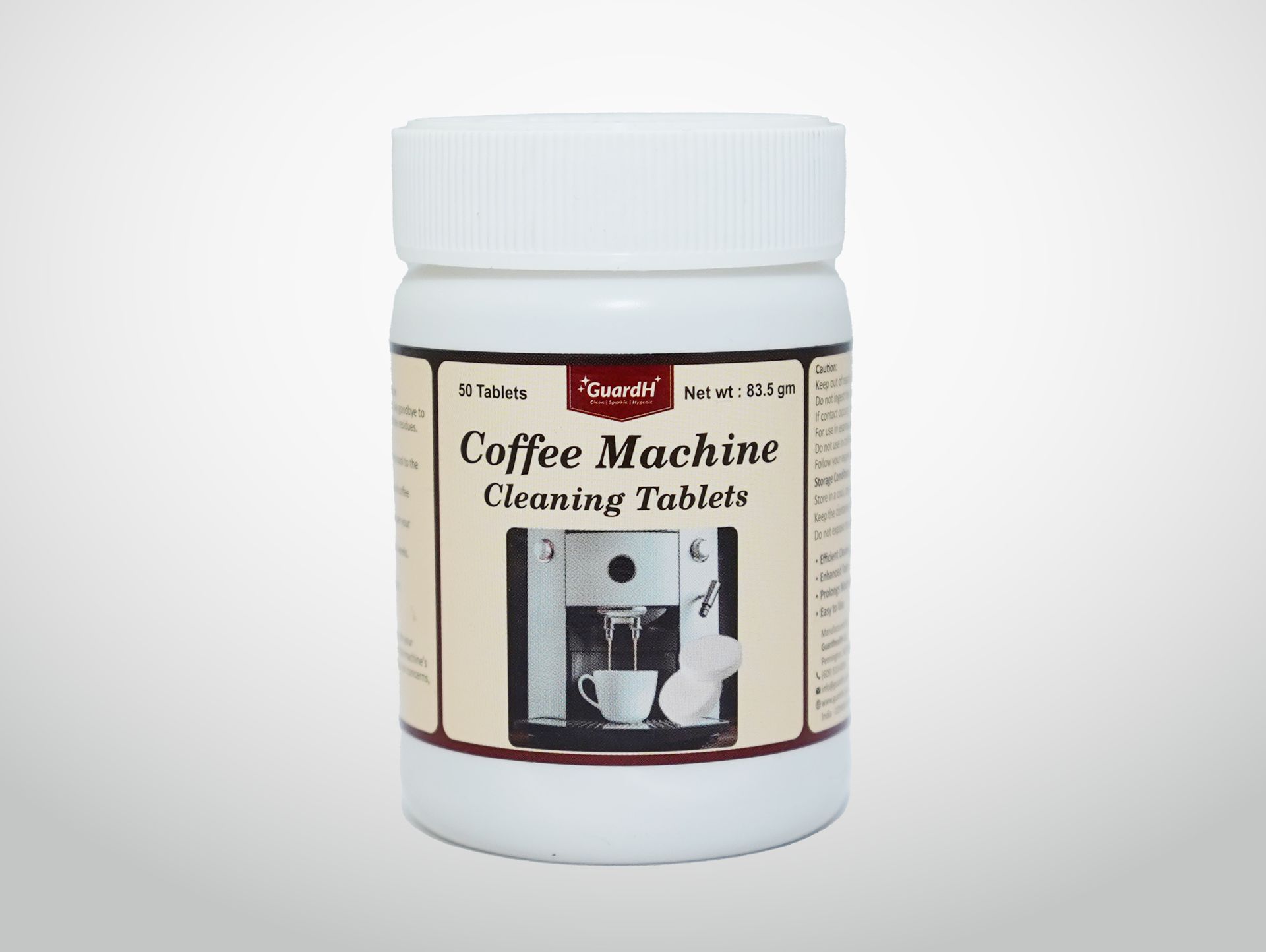 A jar of coffee machine cleaning tablets on a white background