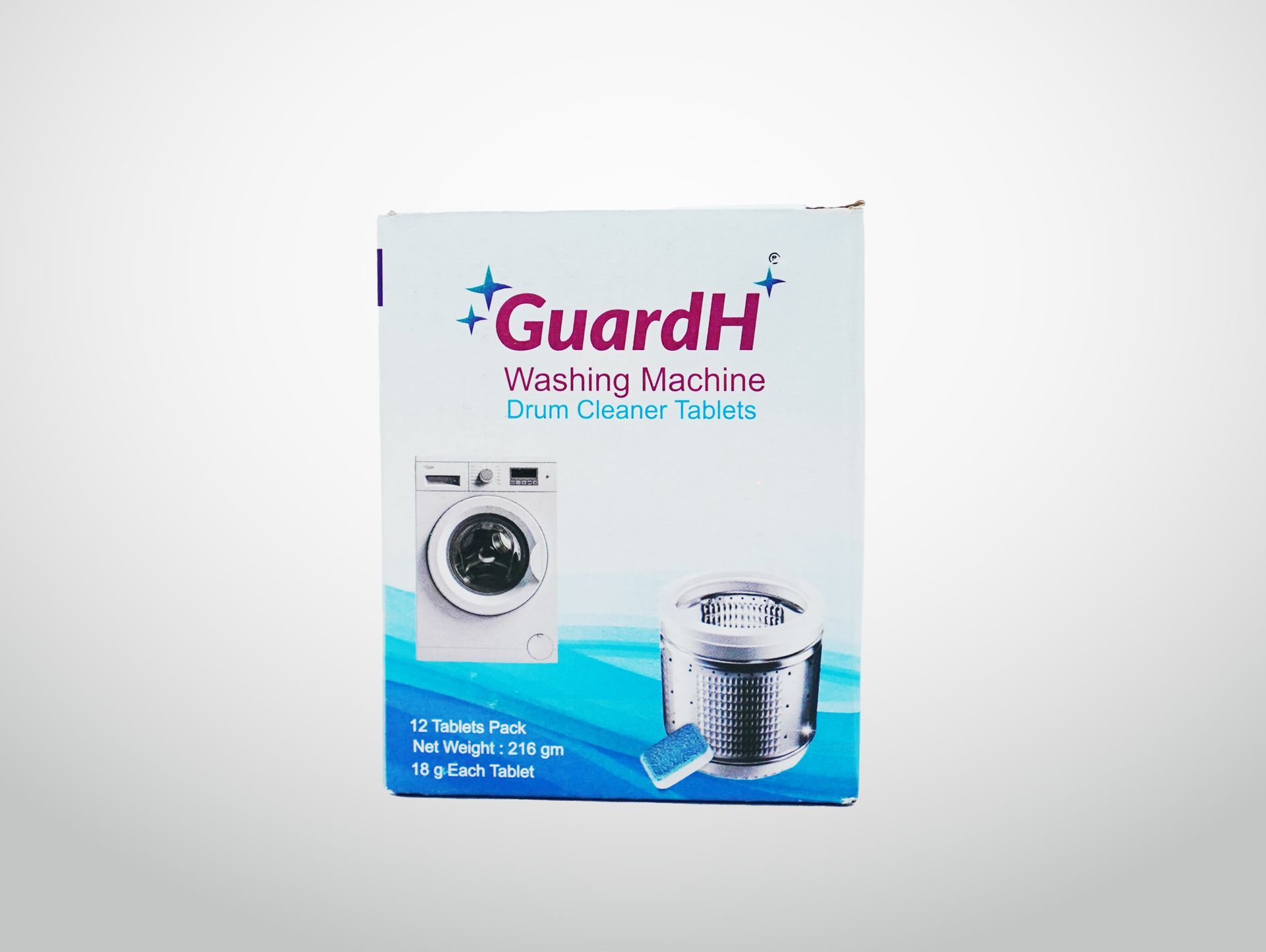 A box of guardh washing machine cleaner on a white background.
