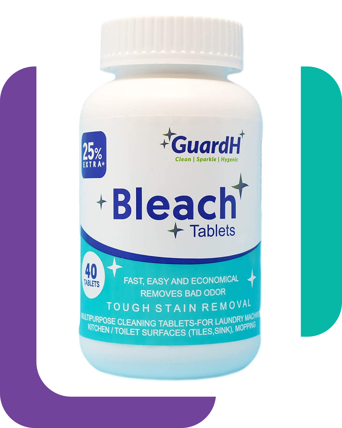 A bottle of guardh bleach tablets on a white background