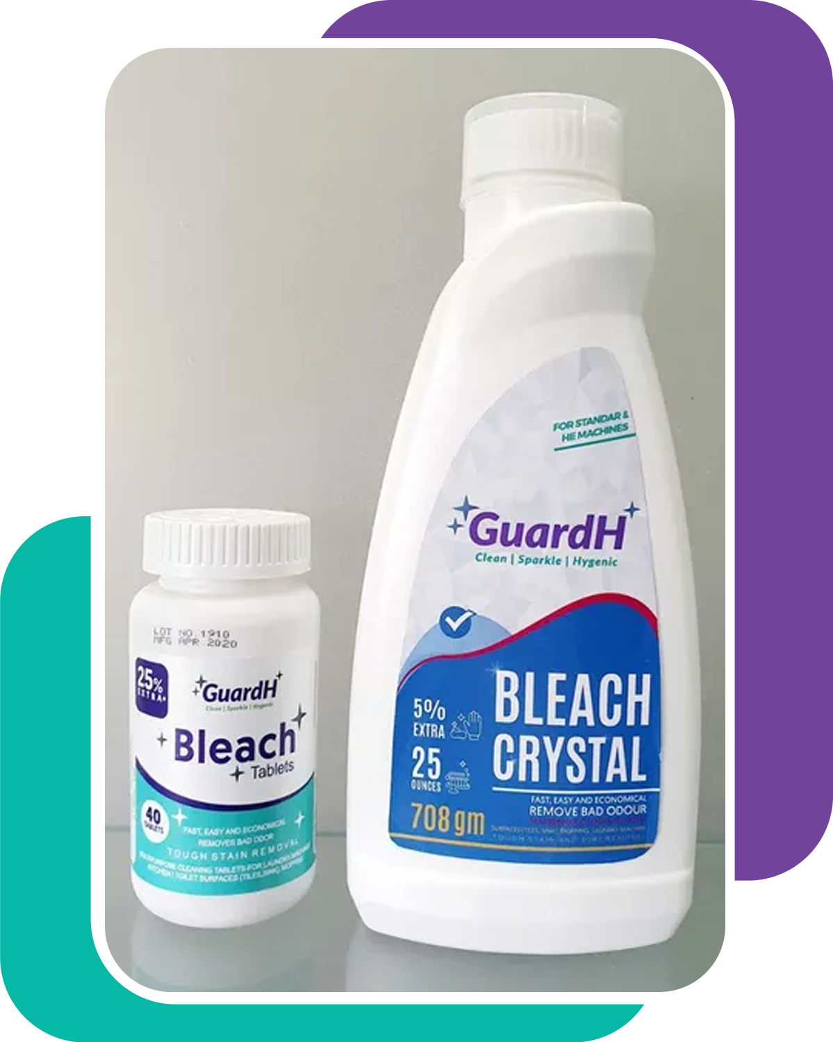 A bottle of guardh bleach crystal next to a smaller bottle.