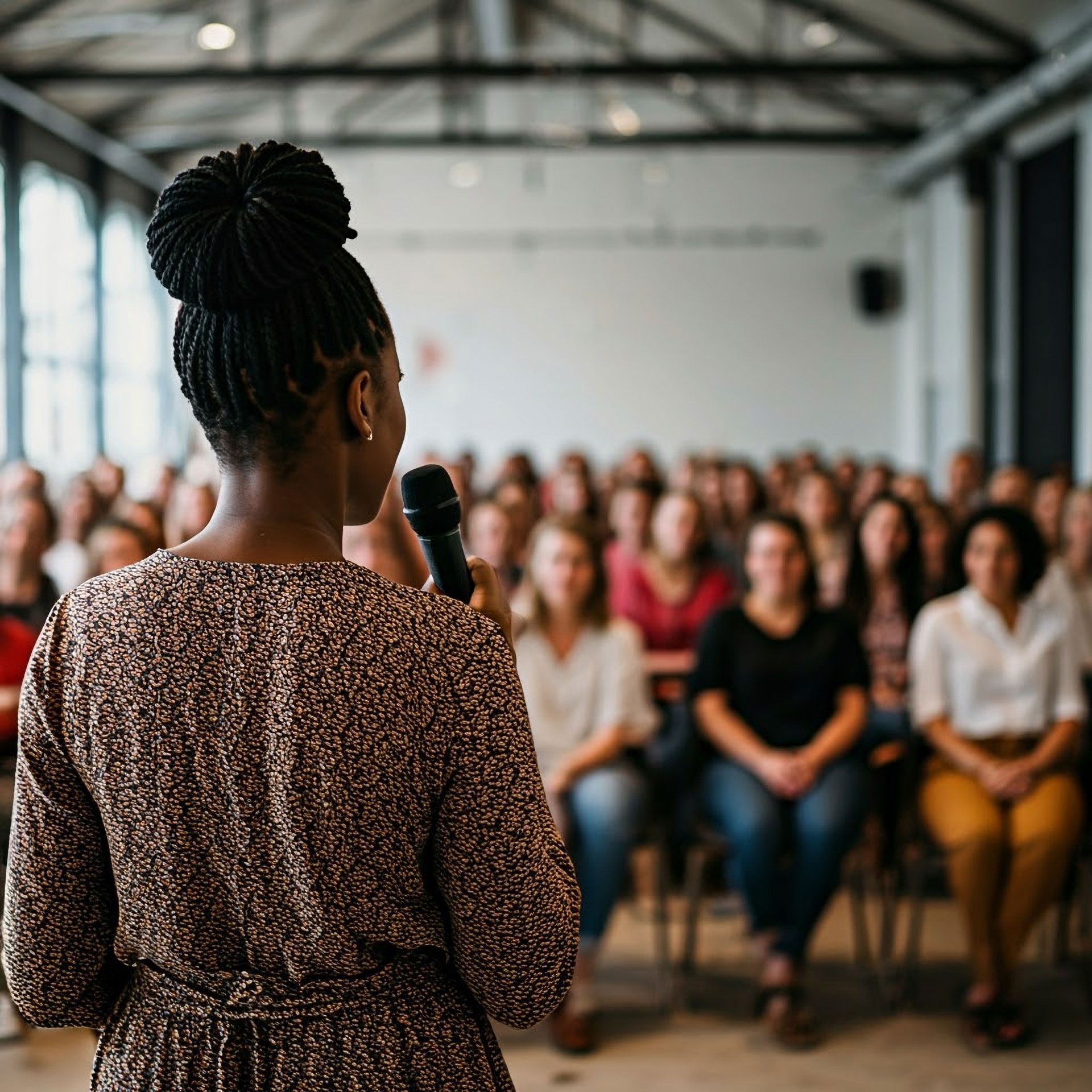 Woman with microphone speaking to an audience in a bright, modern room.