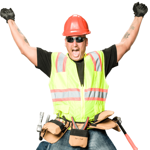 contractor with a yellow vest, sunglasses, and a hard hat on. hands are up in the air