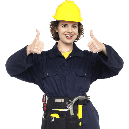 women in a blue uniform, yellow hard hat, is smiling, and has two thumbs up