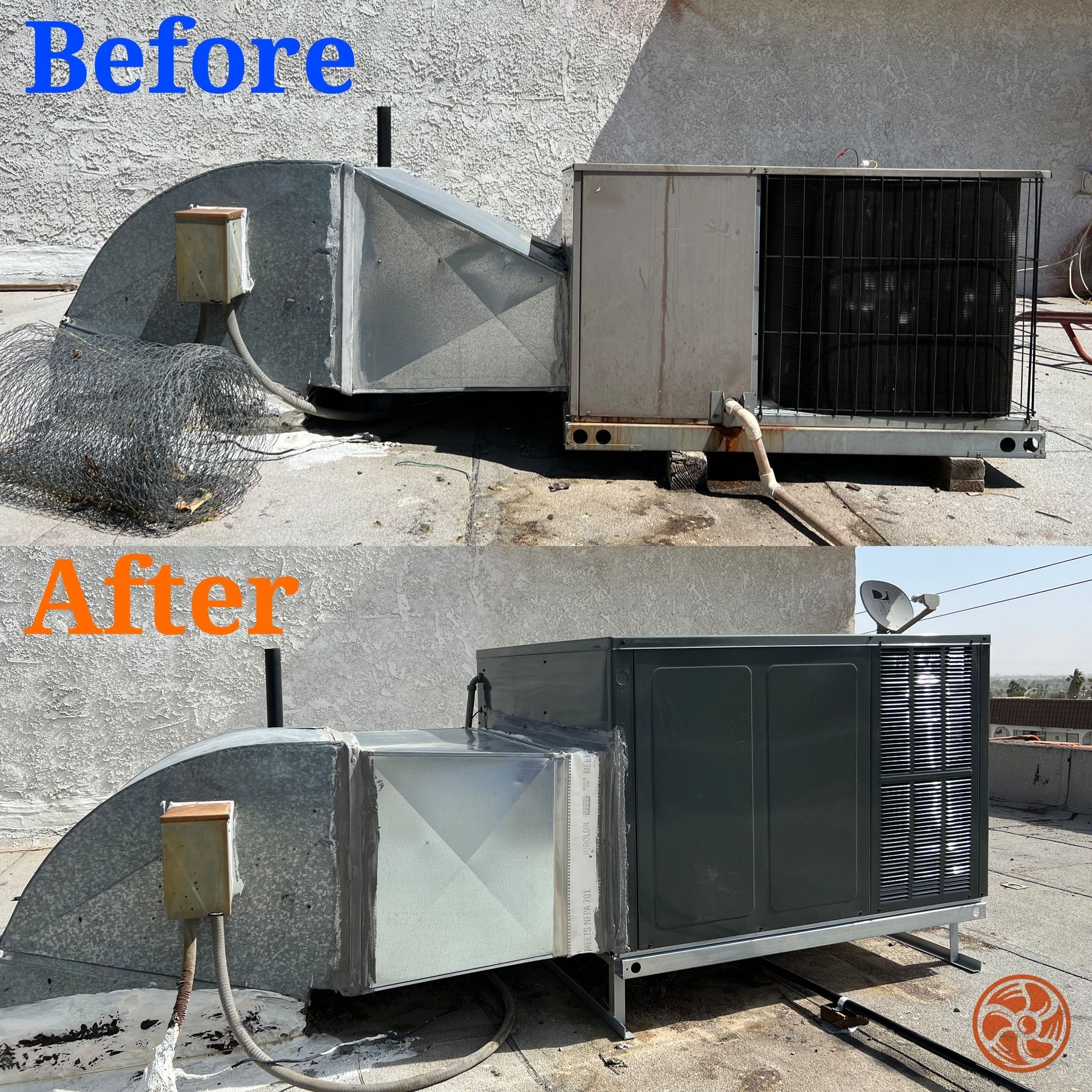 Comparison of an air conditioning unit before and after cleaning and repair on a rooftop.