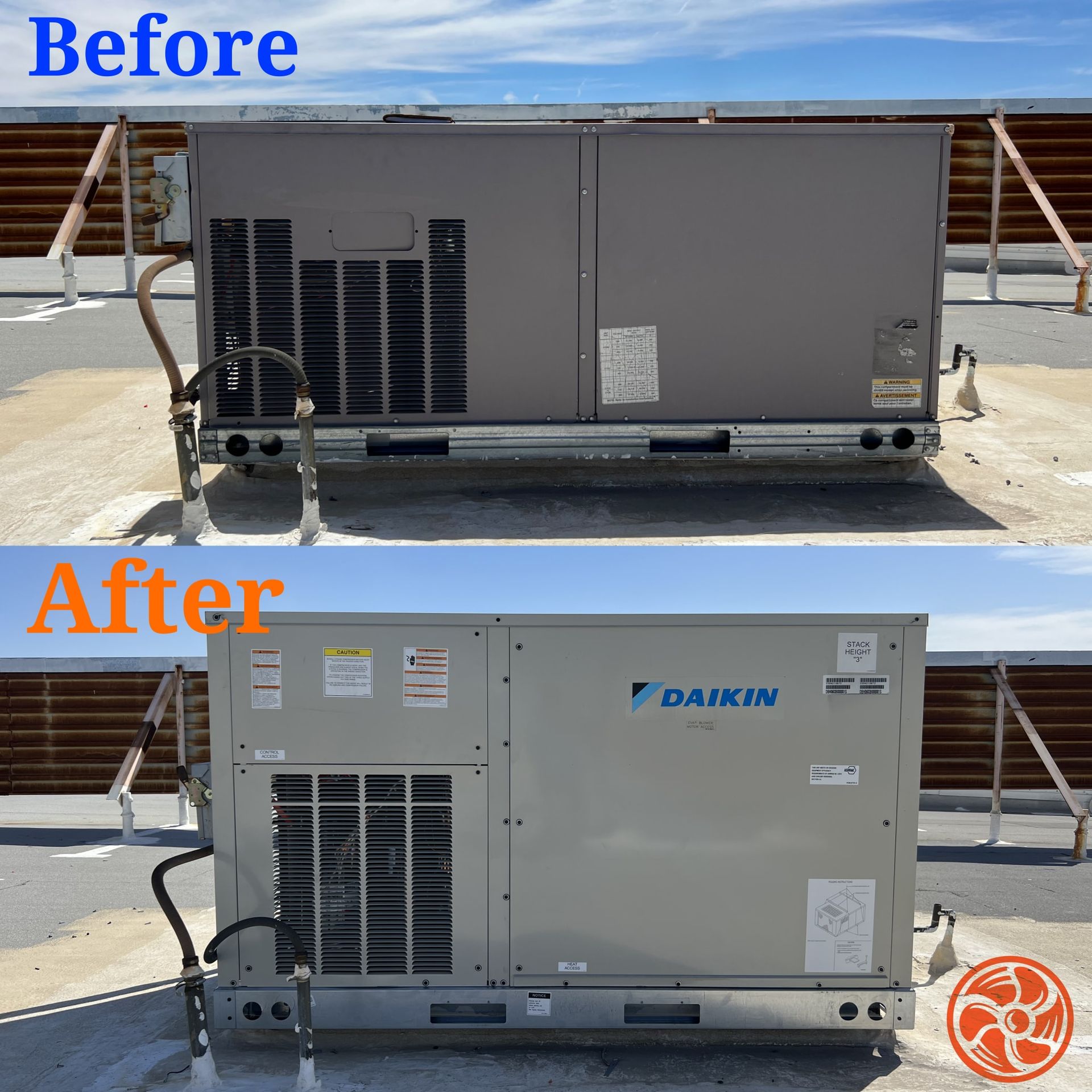 Comparison of an old and new Daikin rooftop HVAC unit.