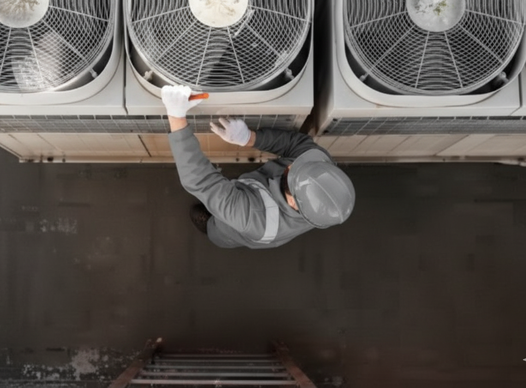 Person in gray work clothes atop ladder, inspecting industrial air conditioning units.