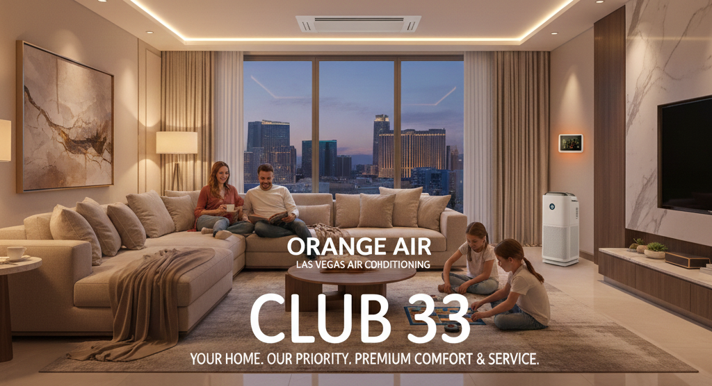 Cozy living room with family, skyline view, and an air conditioning ad for Club 33.