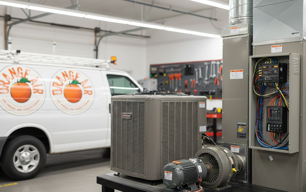 White van with orange logo, AC unit and tools in a workshop.