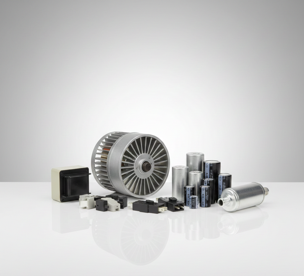 Electronic components on a reflective white surface: motor, capacitors, relays, and a transformer.