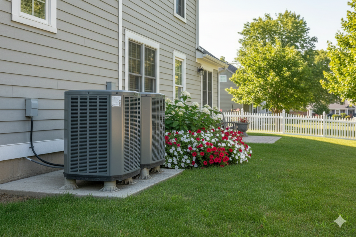 Two gray air conditioning units next to a house with a flower bed and white picket fence.