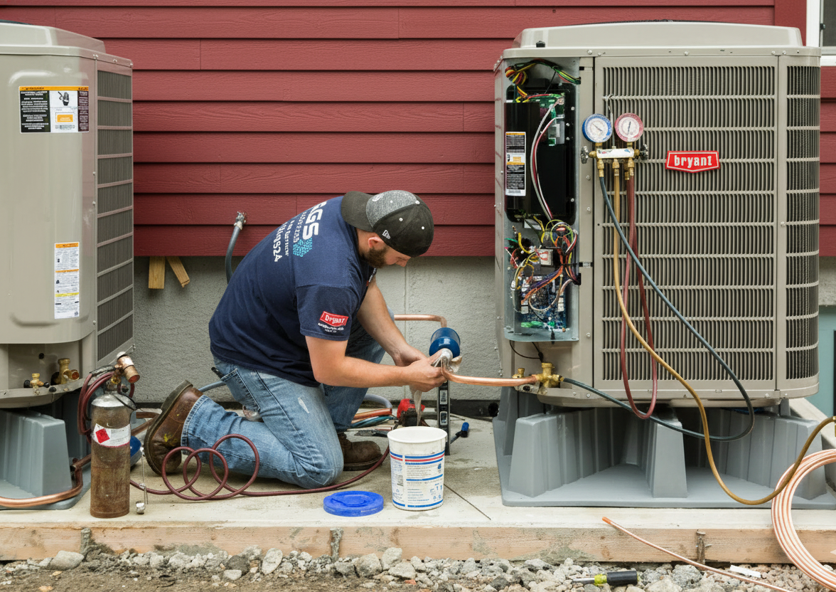 HVAC technician kneeling, working on outdoor air conditioning unit. Copper tubing, gauges, and a tank are present.