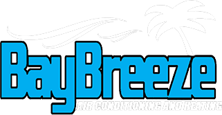 Blue “BayBreeze” logo in bold outlined letters with a light background and faint palm tree graphics