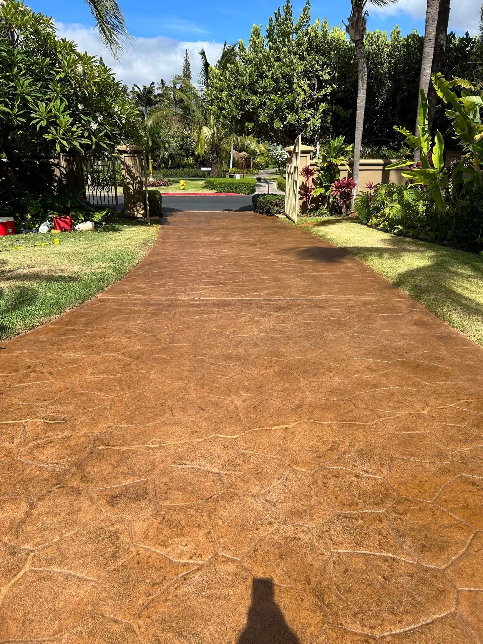 A shadow of a person is cast on a concrete driveway leading to a house.
