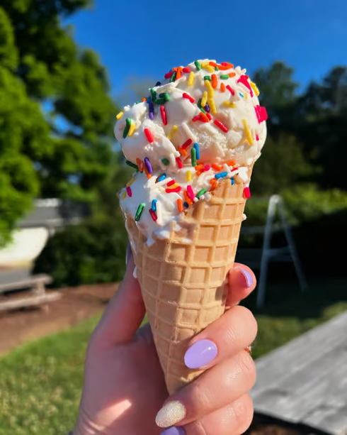 Hand holding a double scoop Oreo ice cream cone outdoors.
