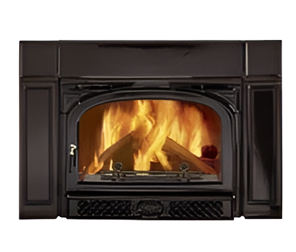 A black fireplace with flames coming out of it