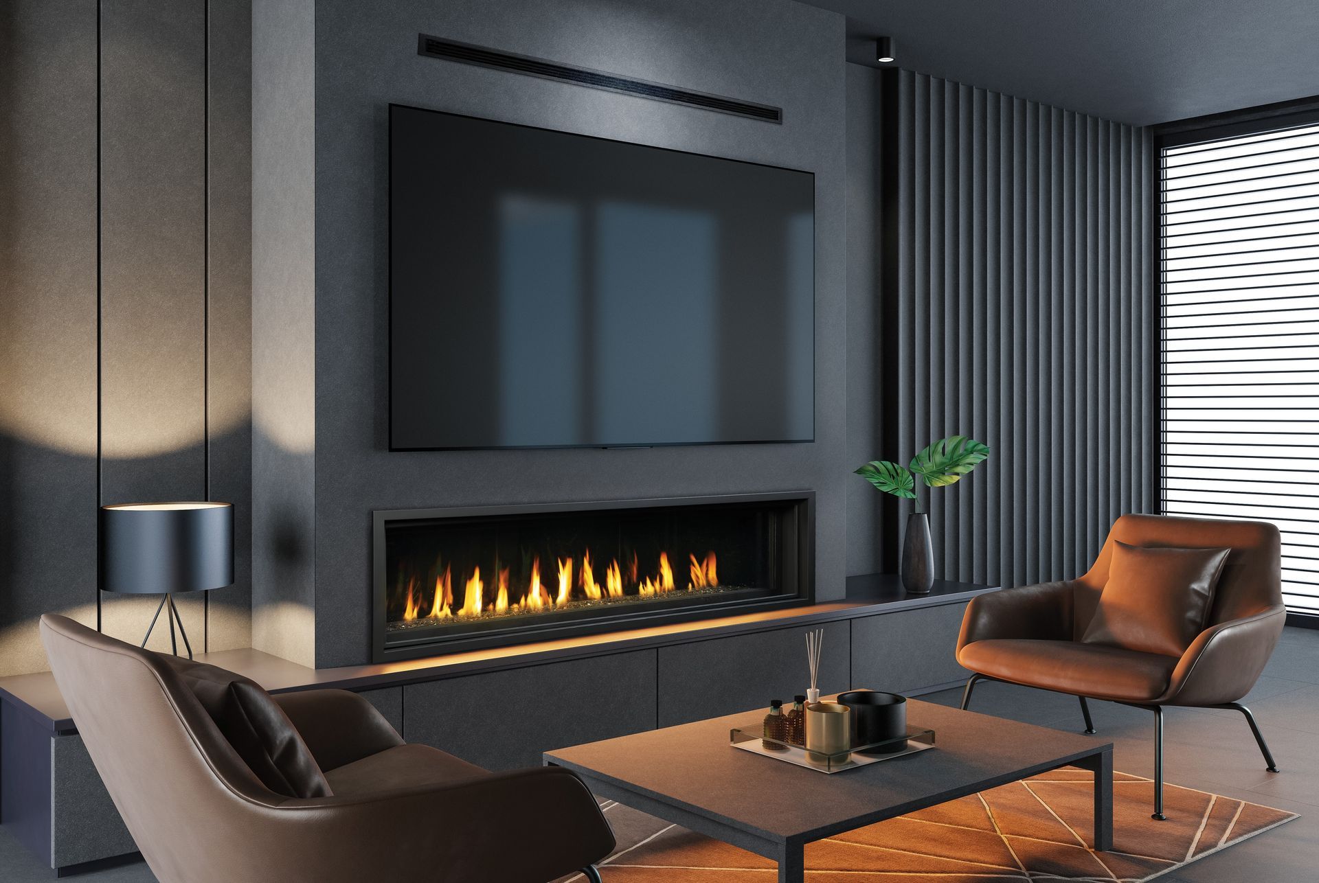 A living room with a fireplace and a couch.