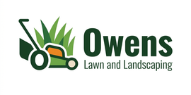 Logo for Owens Lawn and Landscaping featuring a stylized green lawnmower cutting grass next to the company name.