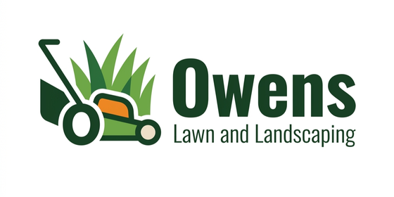 Logo for Owens Lawn and Landscaping featuring a stylized green lawnmower cutting grass next to the company name.