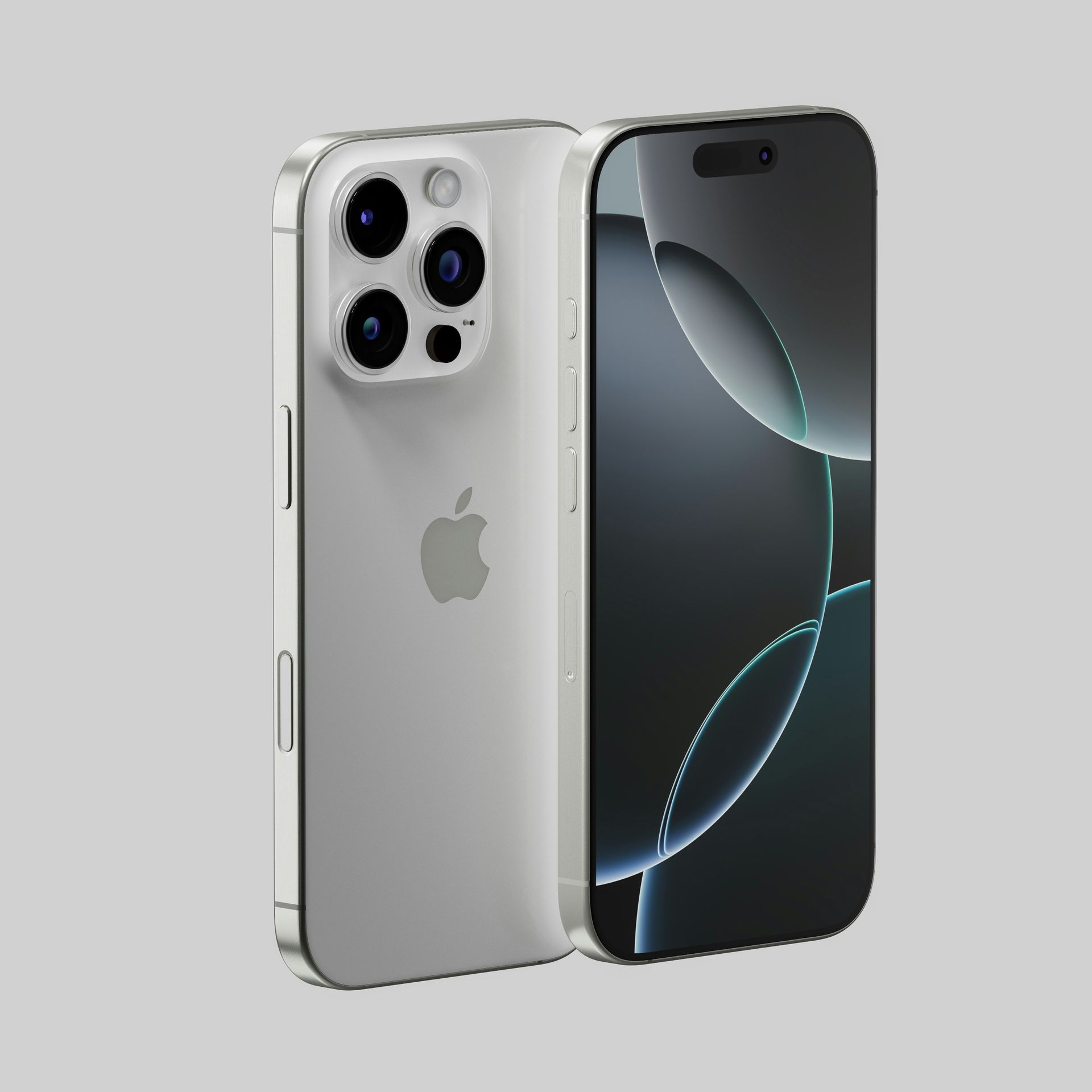 Two silver smartphones, front and back, with triple-camera rear and dark abstract wallpaper on the front.