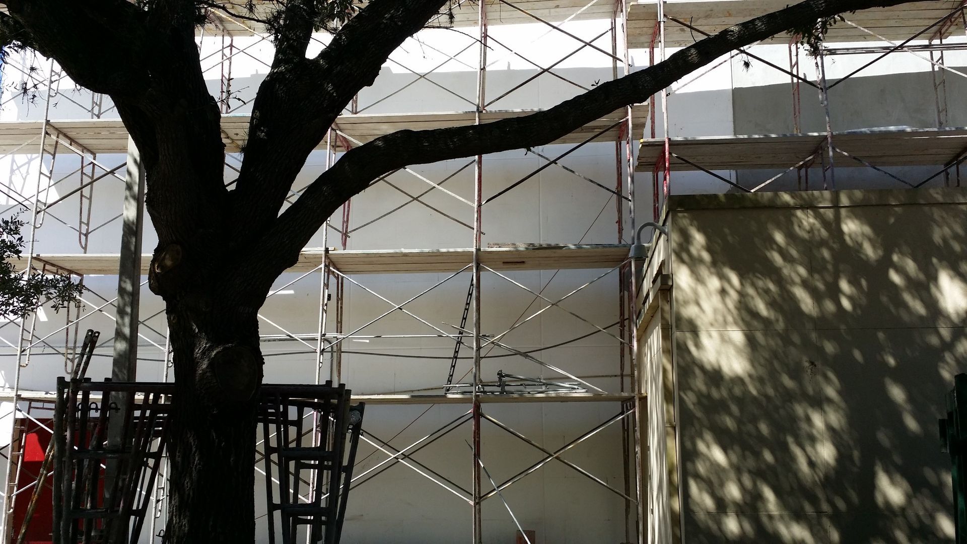 A building under construction with scaffolding and a tree in the foreground