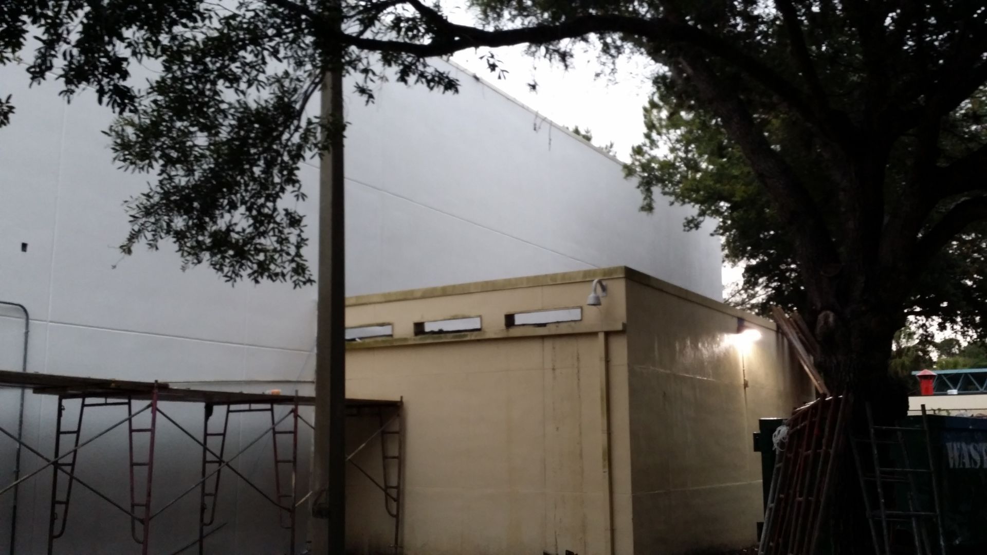 A large white building with a tree in front of it