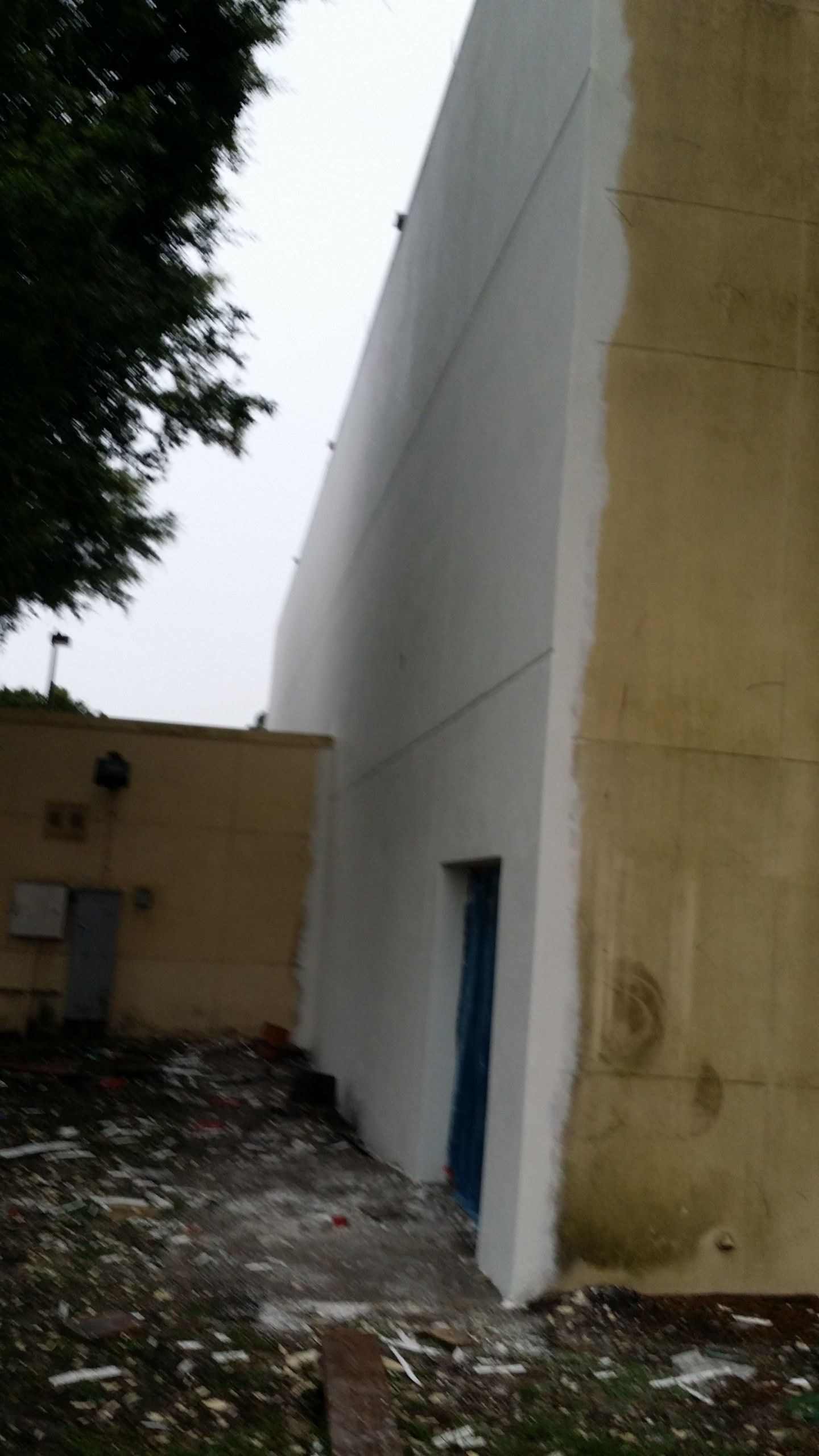 A large white building with a blue door and a tree in the background.