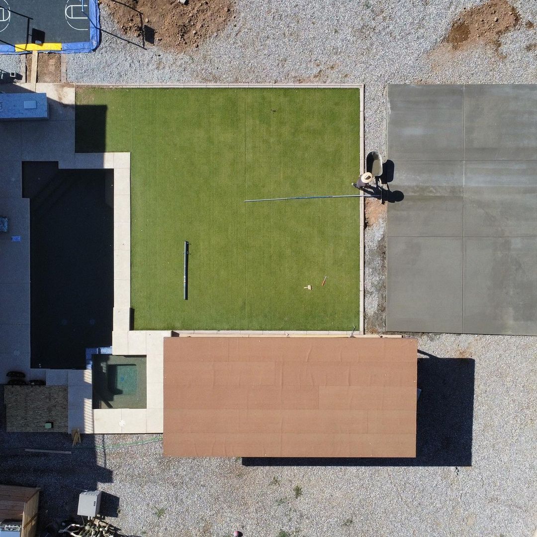 An aerial view of a house under construction