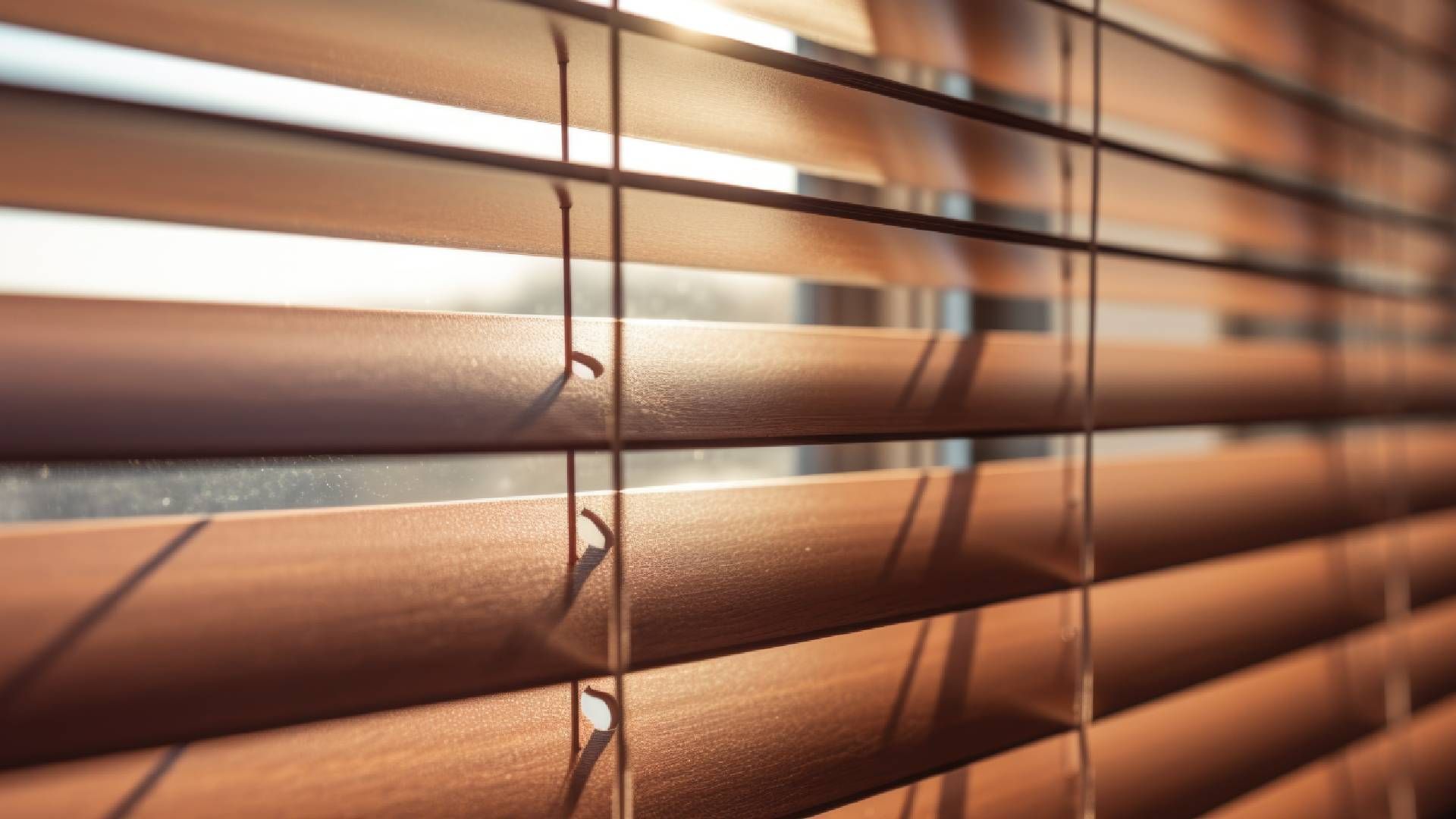 Wooden window blinds, angled open, letting in sunlight.