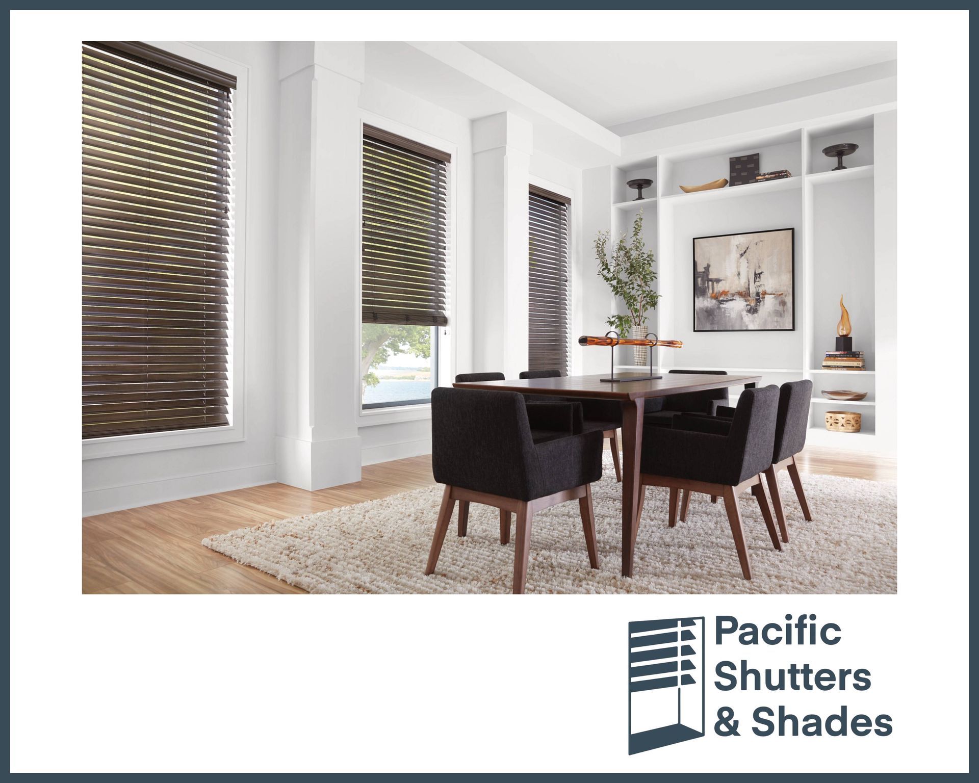 Dining room with dark brown shades, a table with chairs, and a built-in shelf.