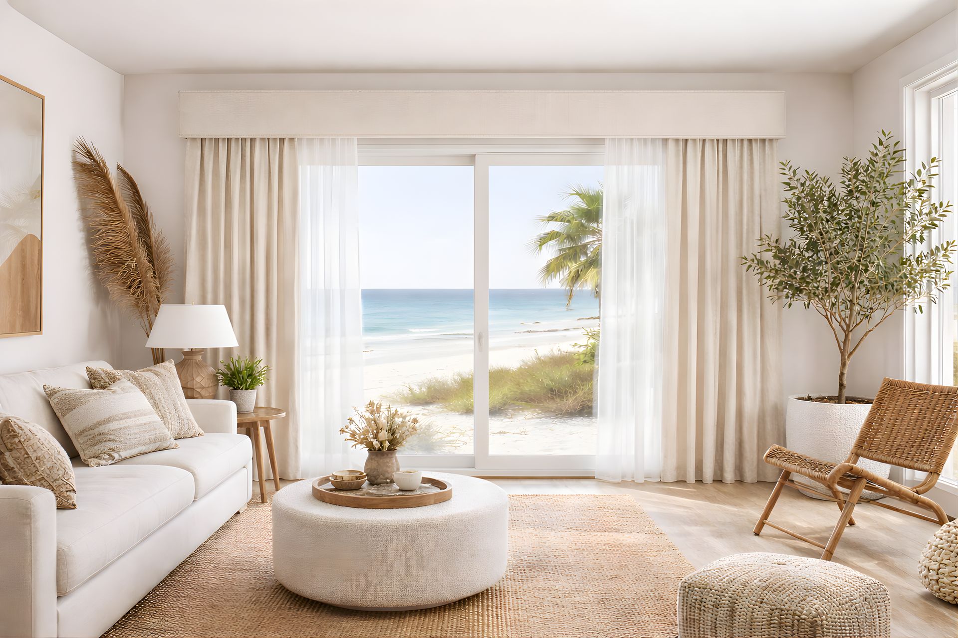 Custom cornice with luxurious drapery from Pacific Shutters & Shades.