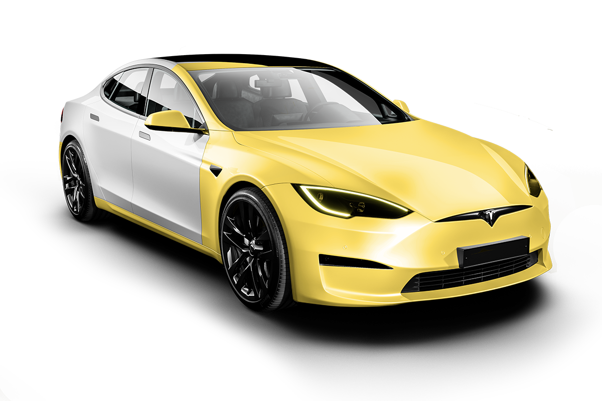 a yellow and white tesla model s is on a black background .