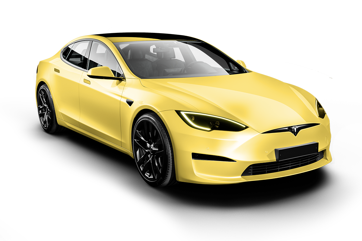 a yellow tesla model s is on a black background .