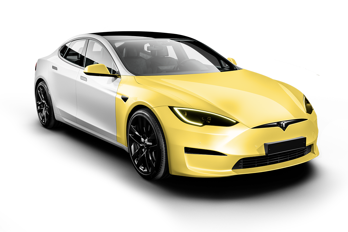 a white and yellow tesla model s on a black background .