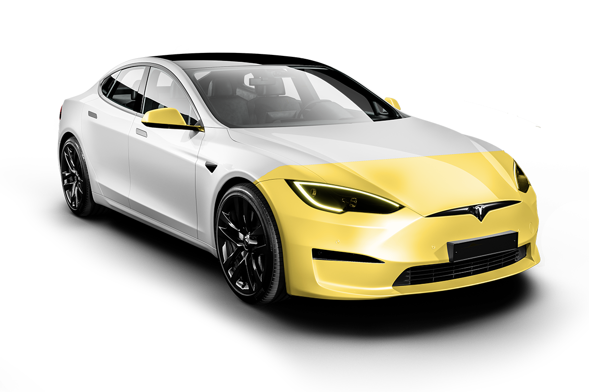 a white and yellow tesla model s with a black background .