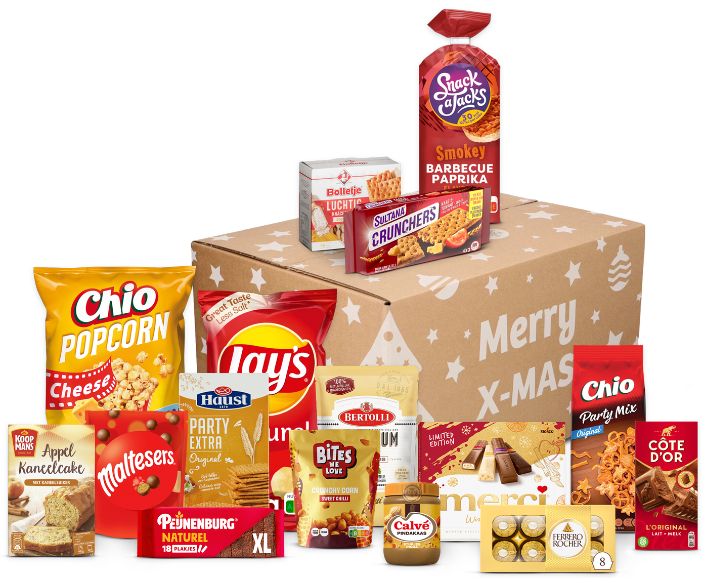 Een rode koffer gevuld met diverse hapjes en drankjes voor Kerst.