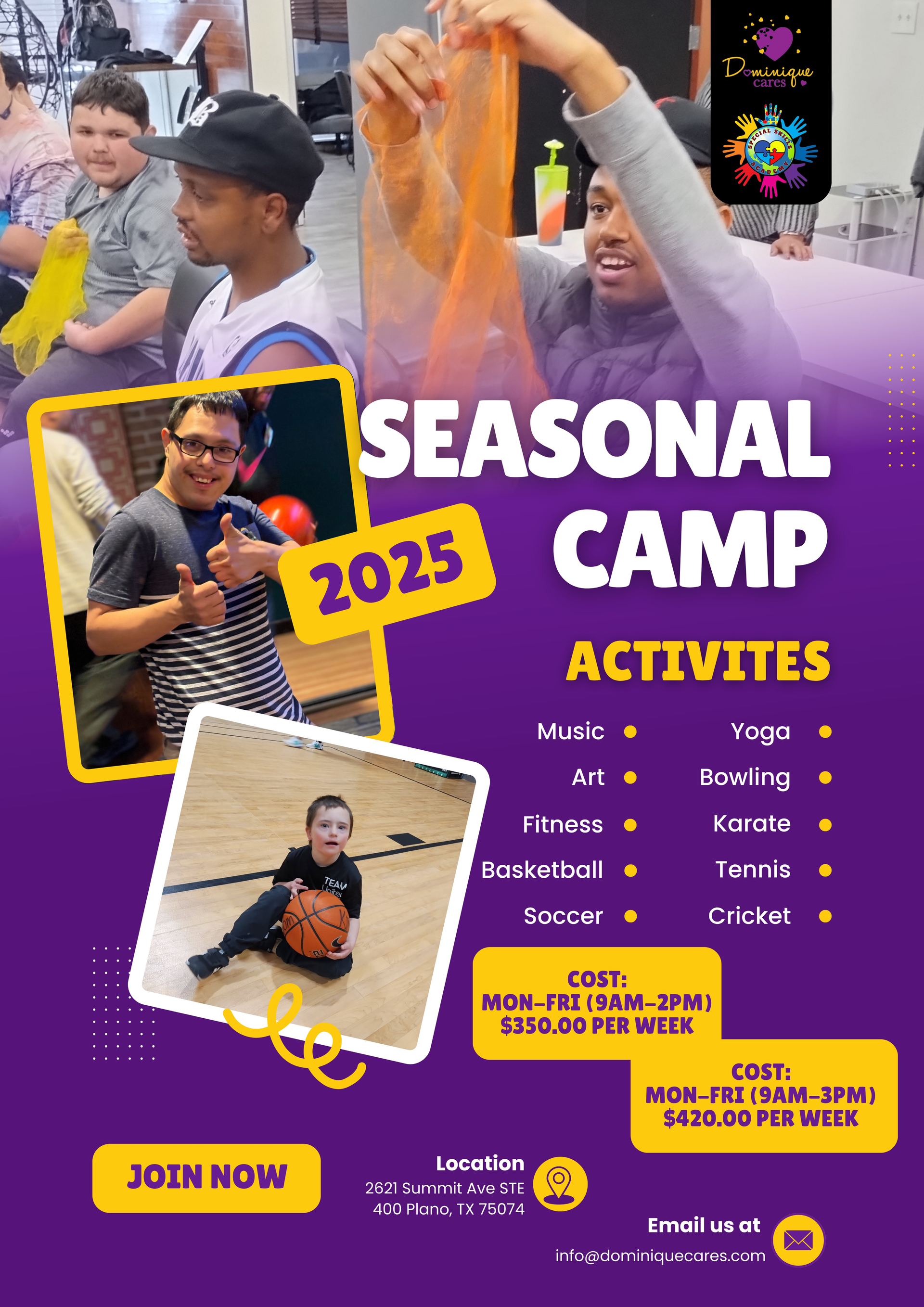 A purple poster for a seasonal camp in 2025.