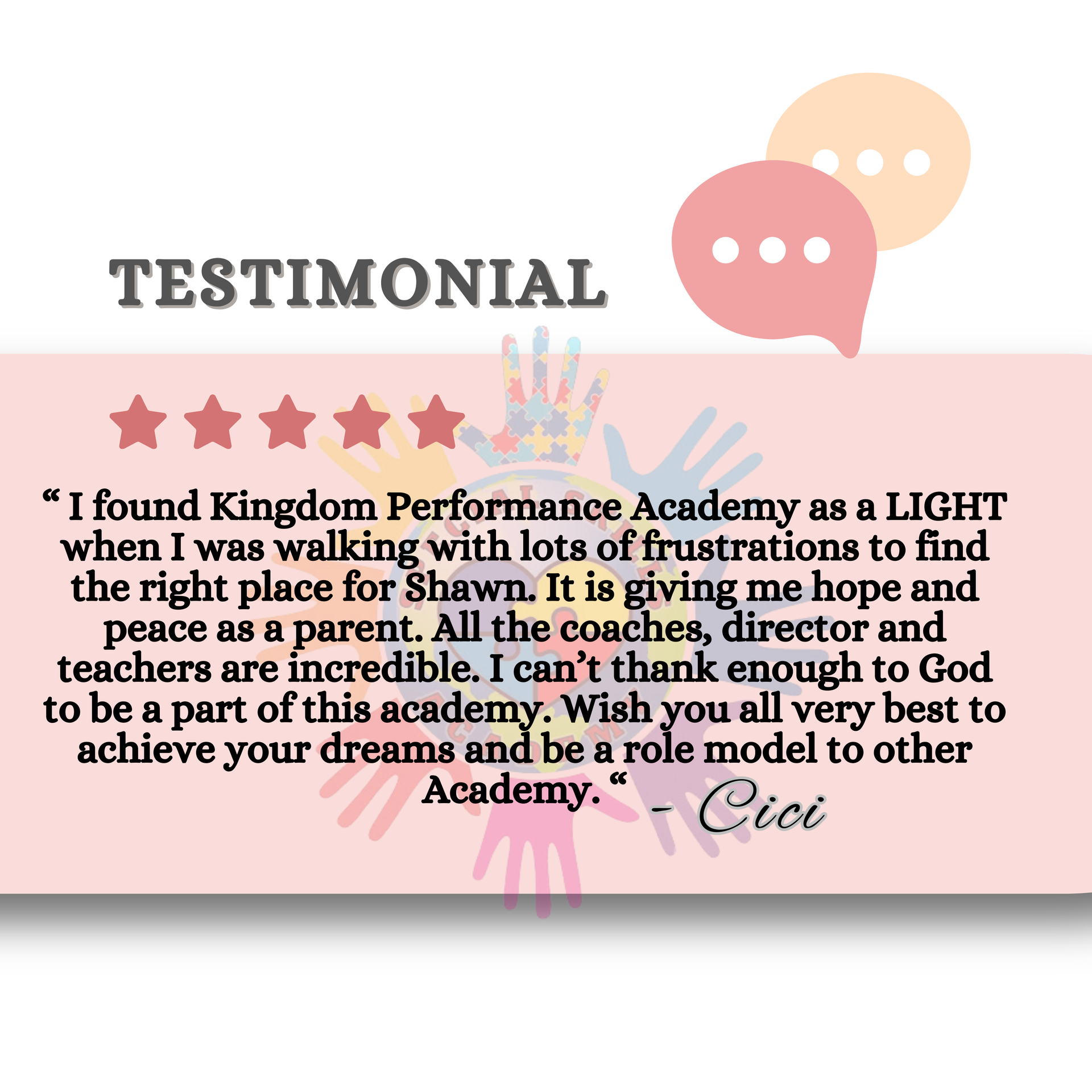 A testimonial for kingdom performance academy is written by cici