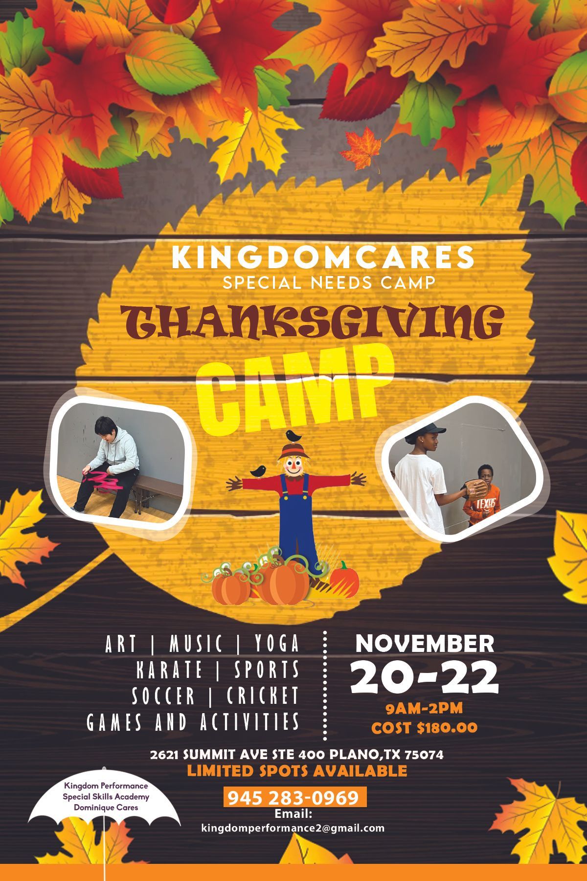 A poster for a thanksgiving camp for special needs children.