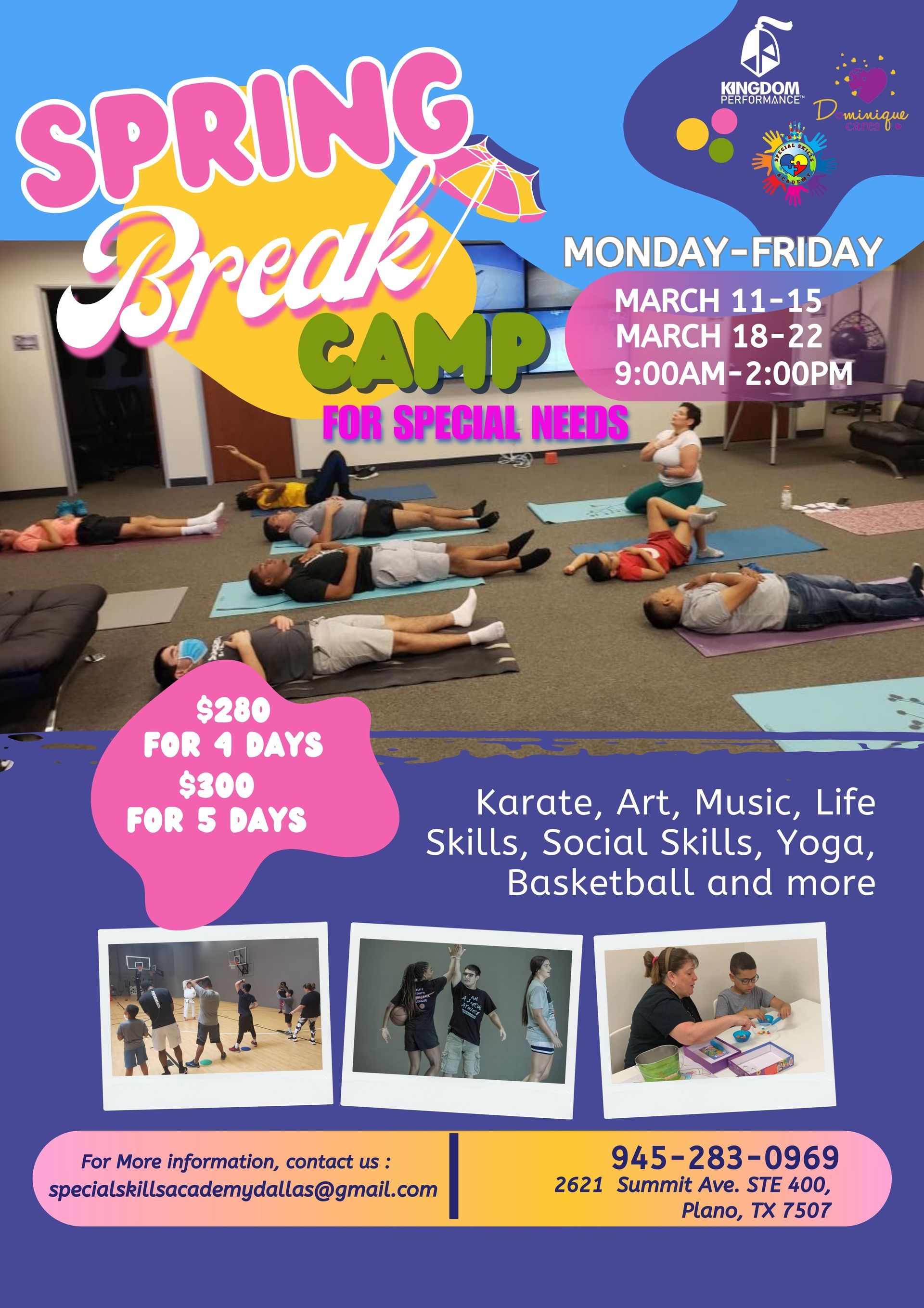 A poster for a spring break camp for special needs