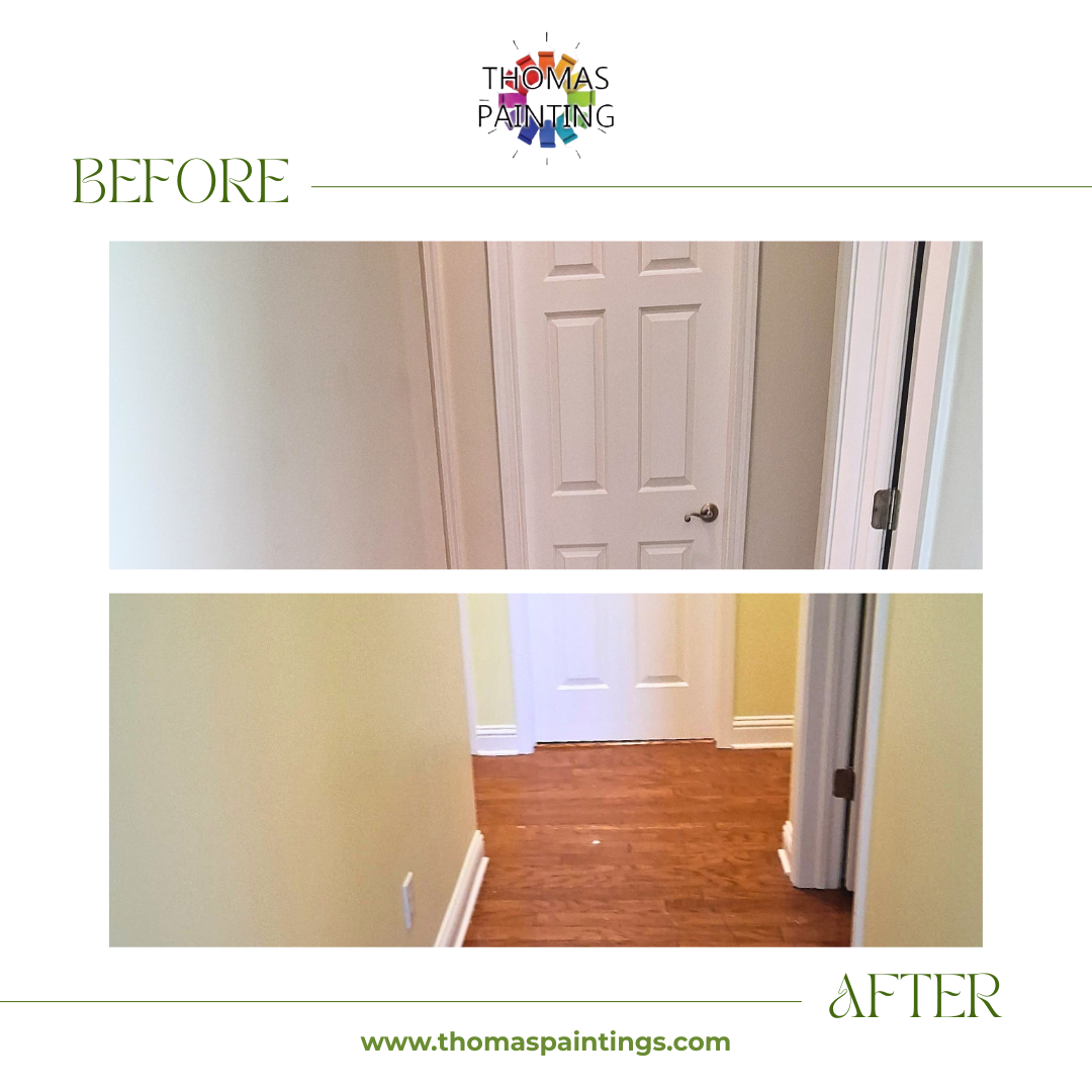 Before-and-after hallway with white doors and walls, showing freshly painted trim and warm wood floor.