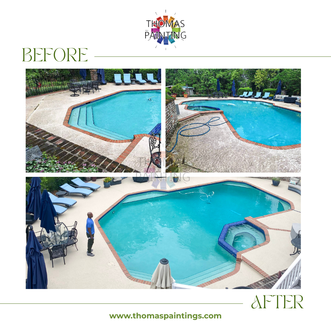 Before-and-after views of a resurfaced backyard swimming pool and patio area.