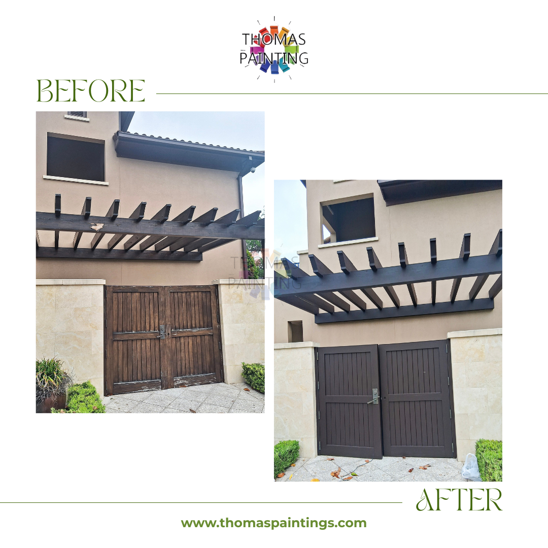 Before-and-after of a house exterior: old wood gate replaced with dark double doors and updated pergola.