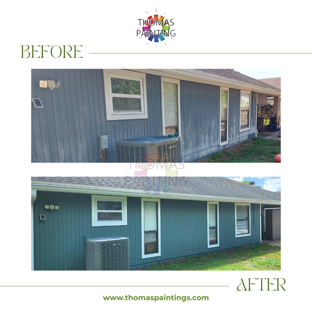 Before-and-after of a blue house exterior repaint, showing refreshed siding, trim, and windows.