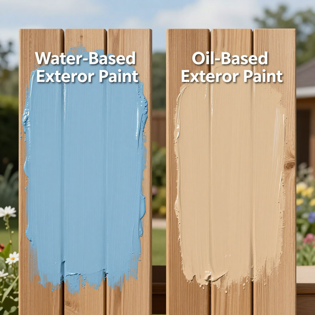 Side-by-side paint samples labeled water-based exterior paint and oil-based exterior paint on wood boards