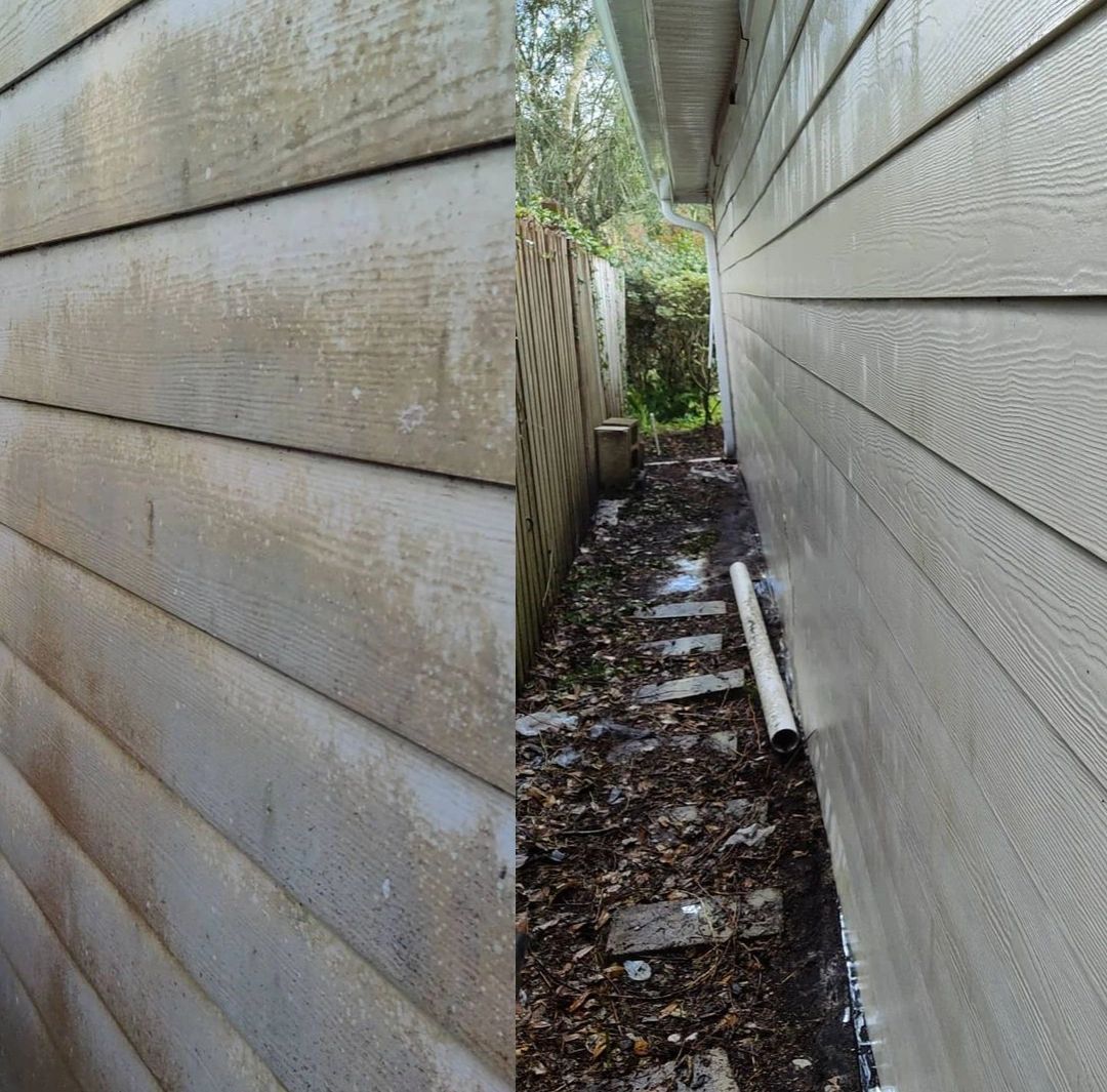 A before and after picture of a house 's side.