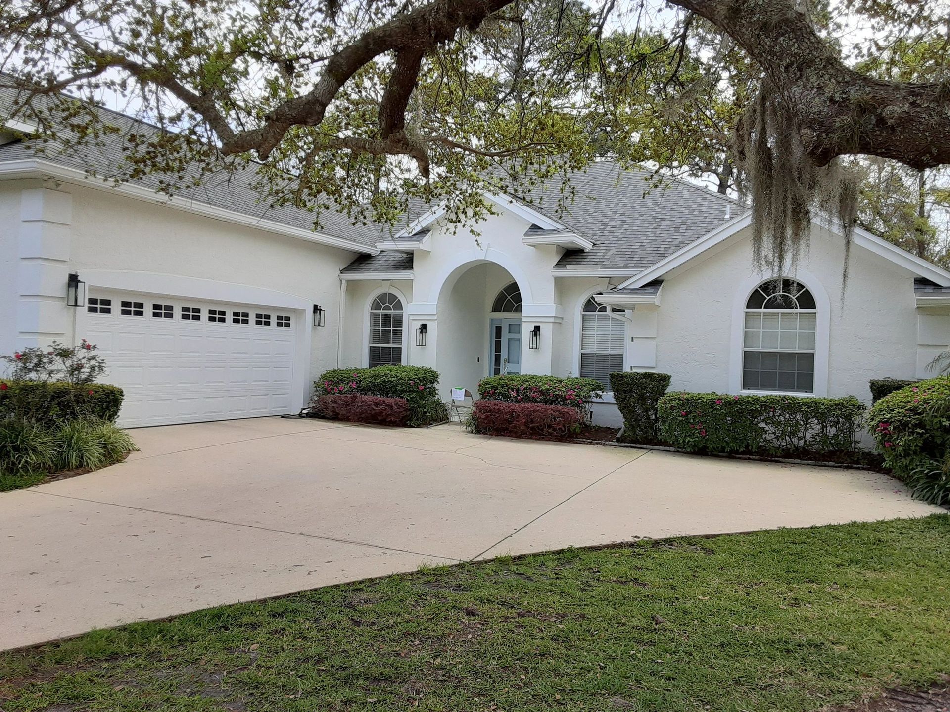 A white house with a tree in front of it and a driveway.
