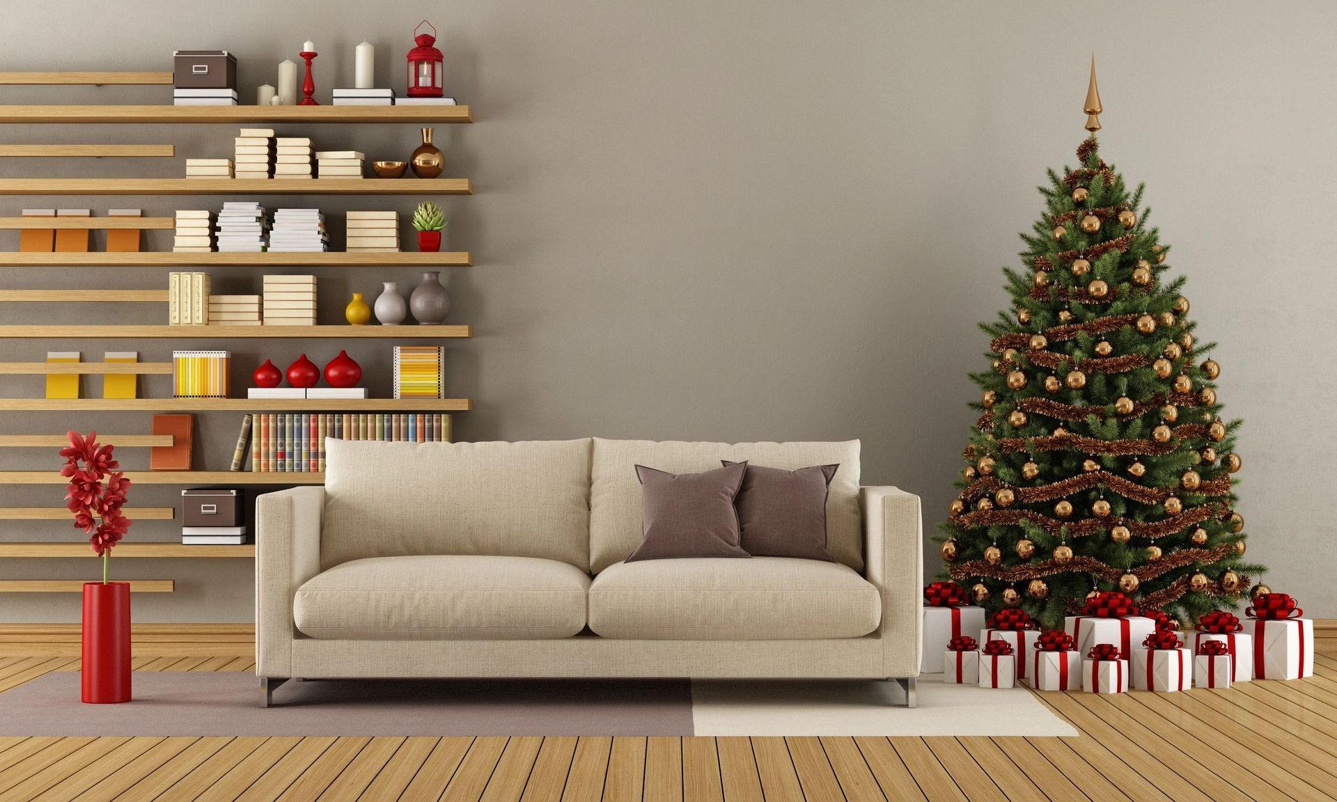 A living room with a couch and a christmas tree