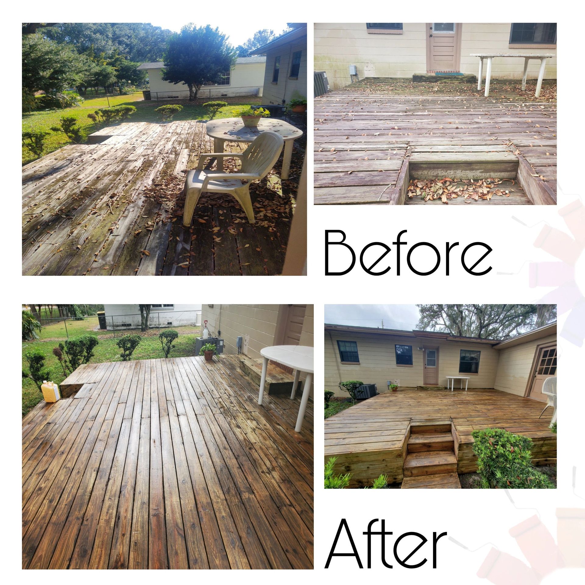 A before and after photo of a wooden deck