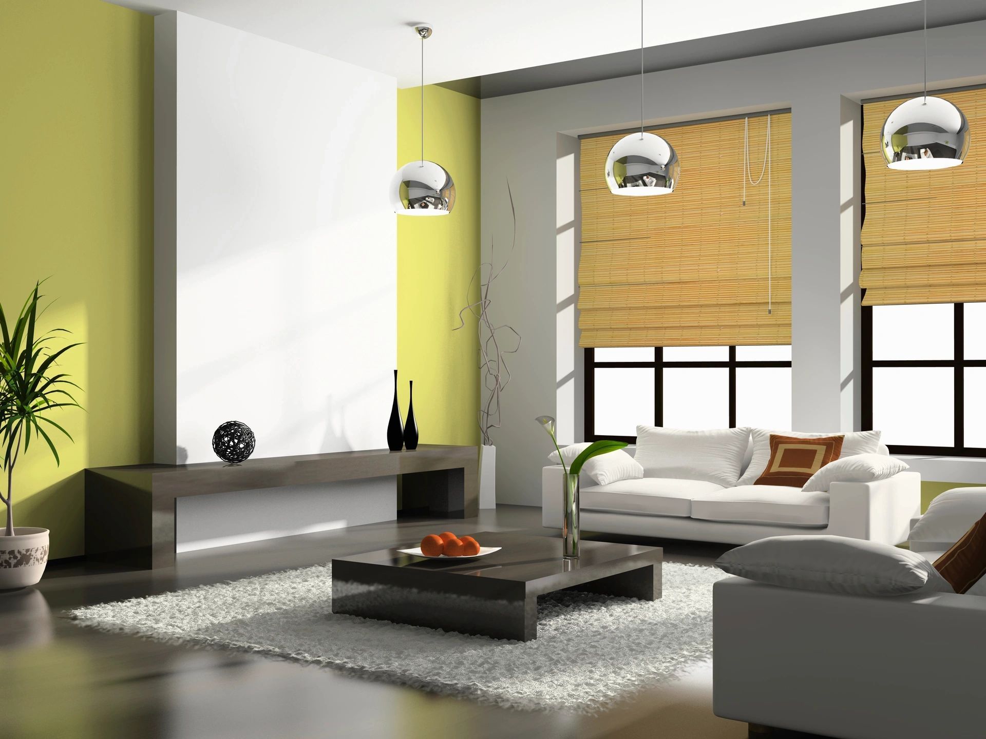 A living room with yellow walls and white furniture