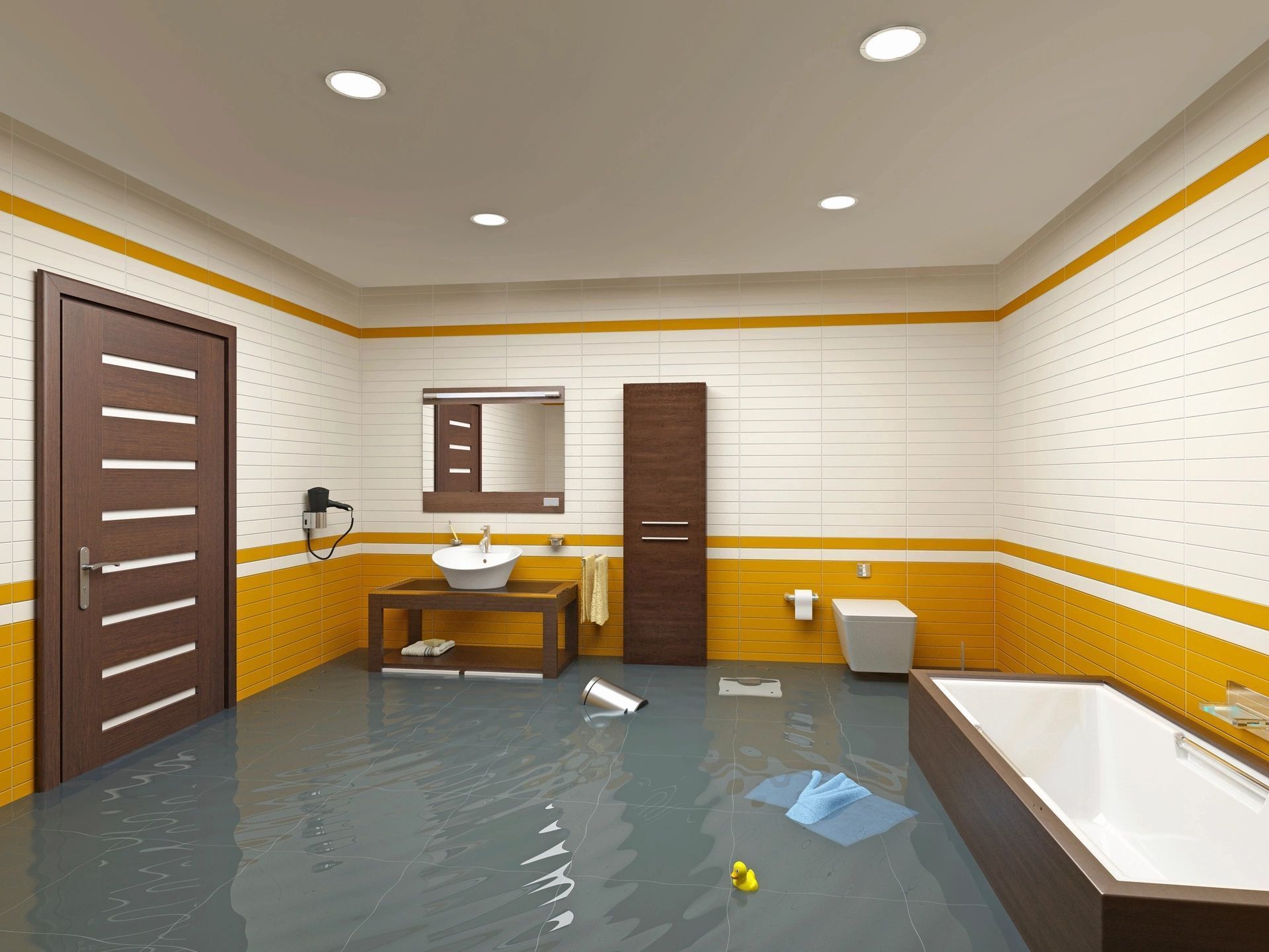 A flooded bathroom with a bathtub sink and toilet